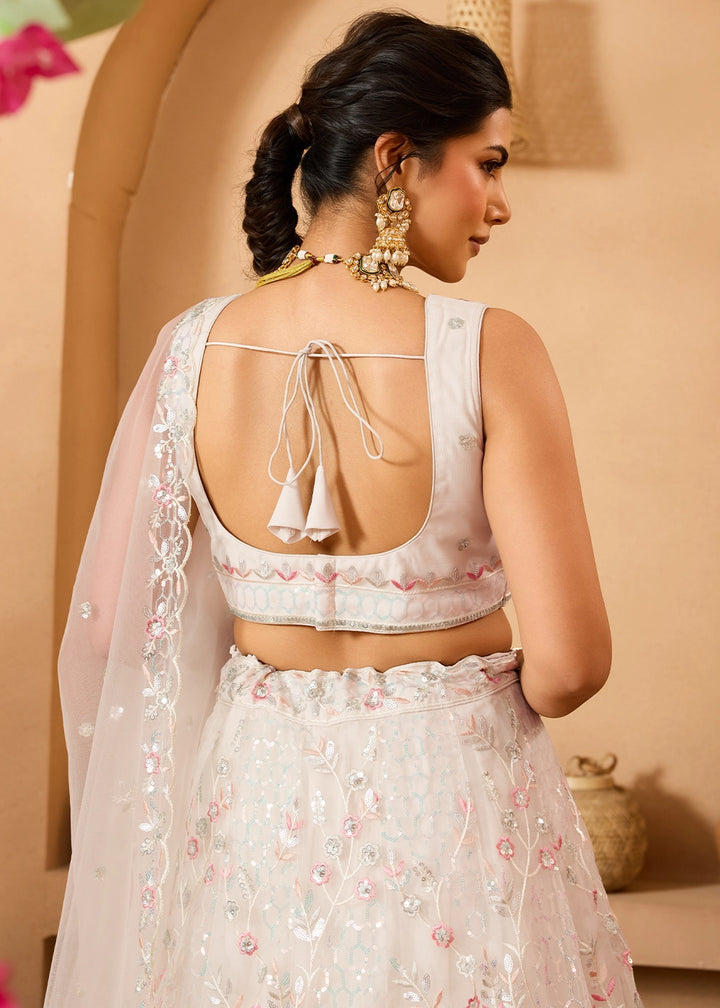 Pearl White Net Lehenga Choli with Handcrafted Floral & Sequin Work
