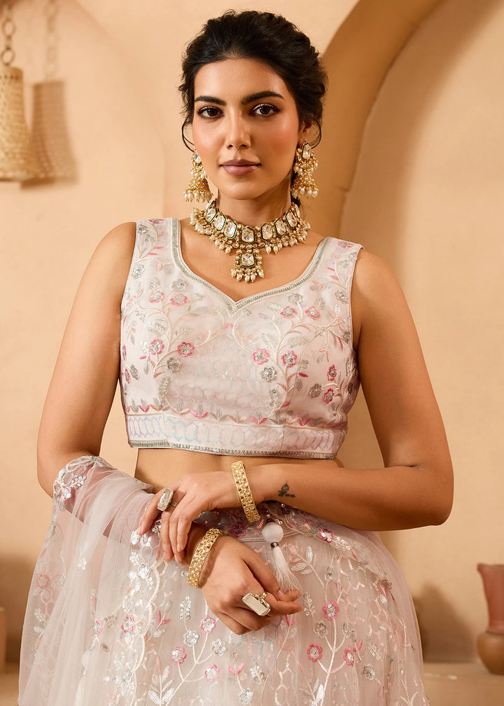 Pearl White Net Lehenga Choli with Handcrafted Floral & Sequin Work