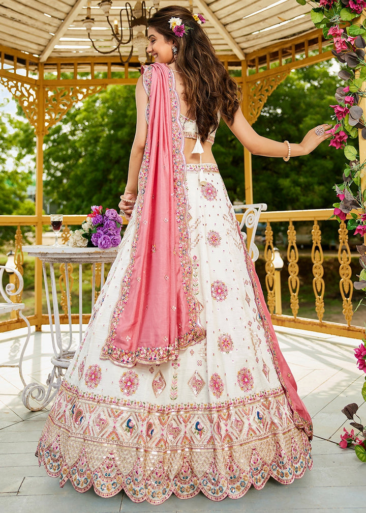 Cream White Lehenga Choli in Georgette with Floral & Sequin Embroidery