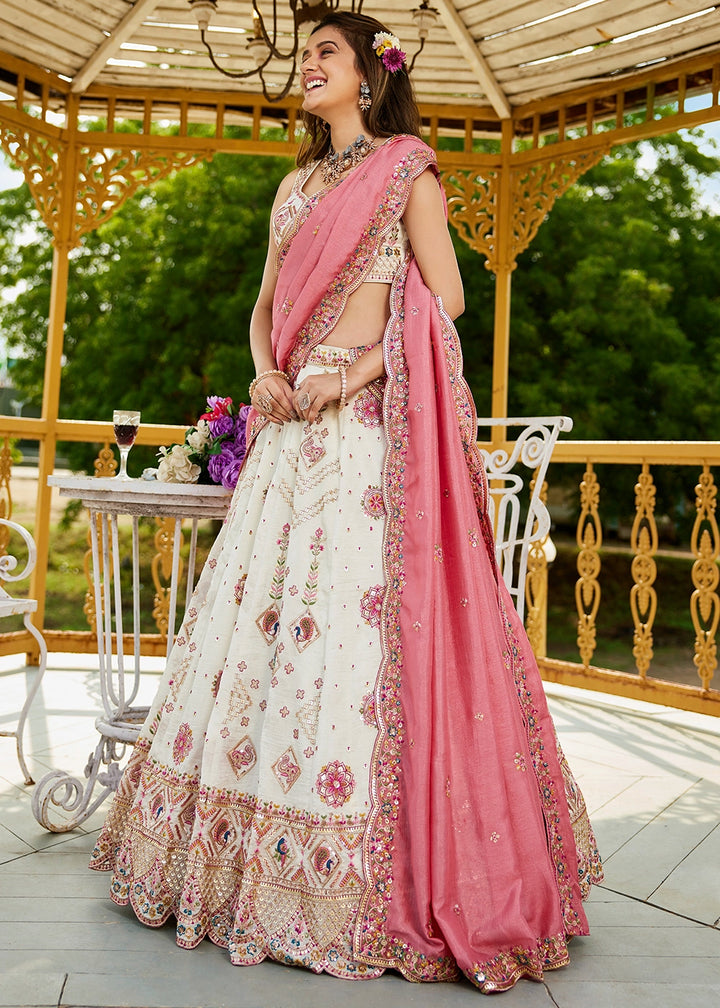 Cream White Lehenga Choli in Georgette with Floral & Sequin Embroidery
