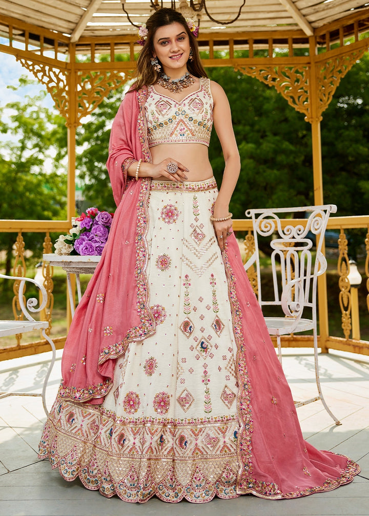 Cream White Lehenga Choli in Georgette with Floral & Sequin Embroidery