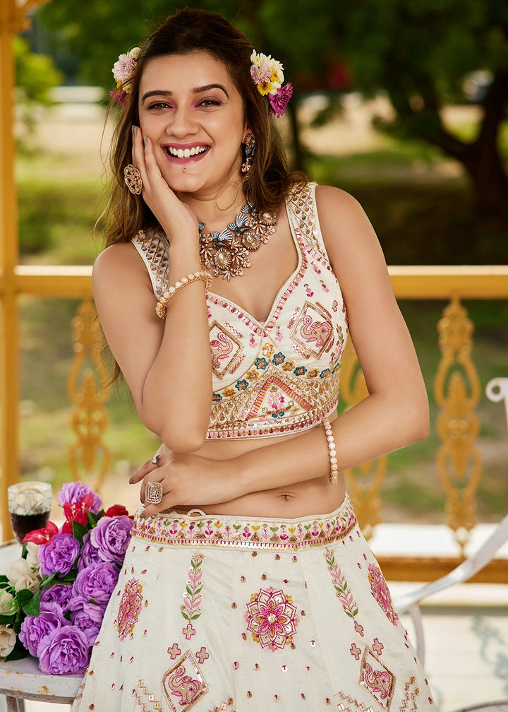 Cream White Lehenga Choli in Georgette with Floral & Sequin Embroidery