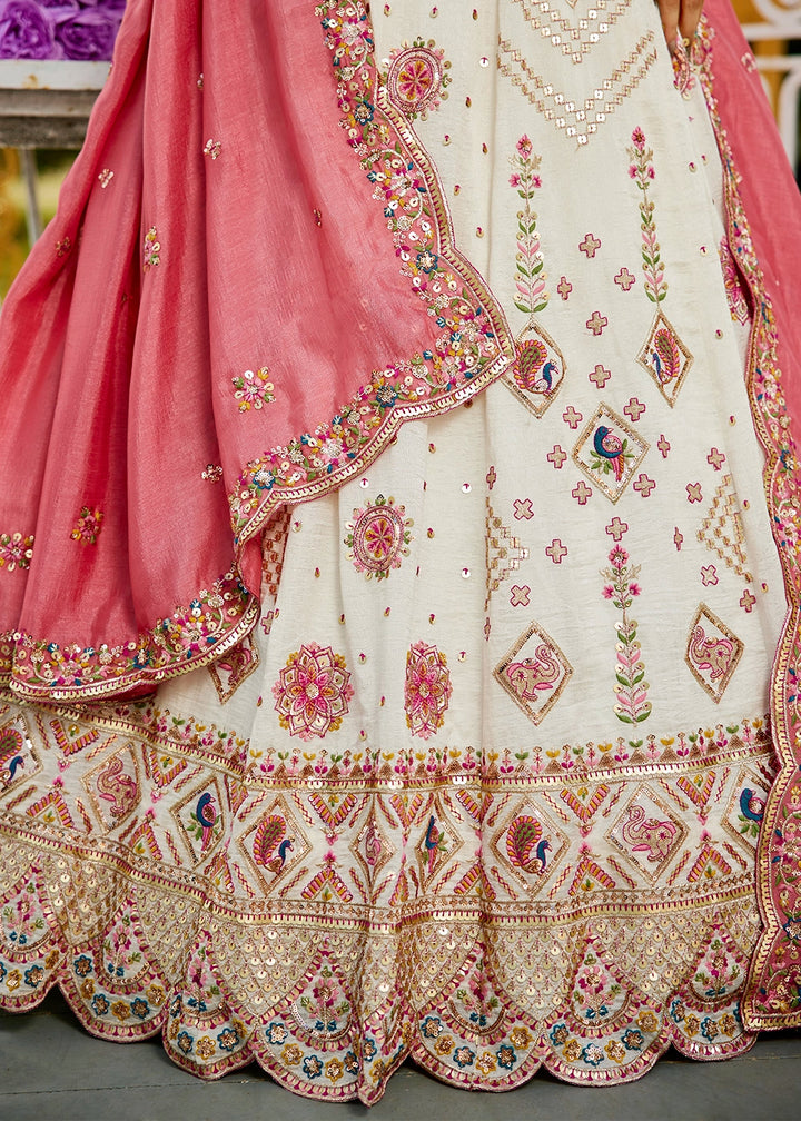 Cream White Lehenga Choli in Georgette with Floral & Sequin Embroidery