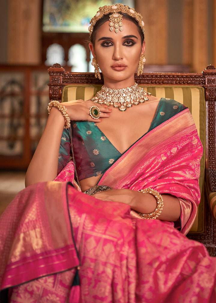Brink Pink Woven Banarasi Silk Saree with Glossy Aqua Hue