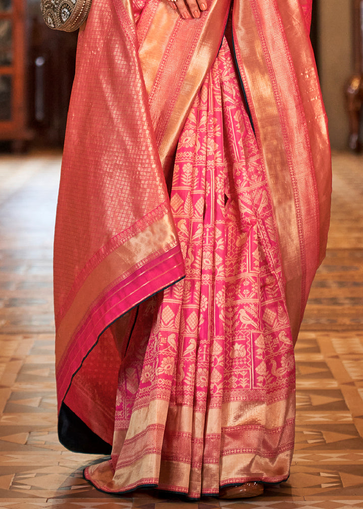 Brink Pink Woven Banarasi Silk Saree with Glossy Aqua Hue