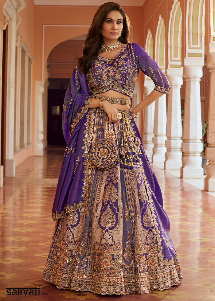Amethyst Purple Banarasi Silk Lehenga Choli with Swarovski Embellished Khatli