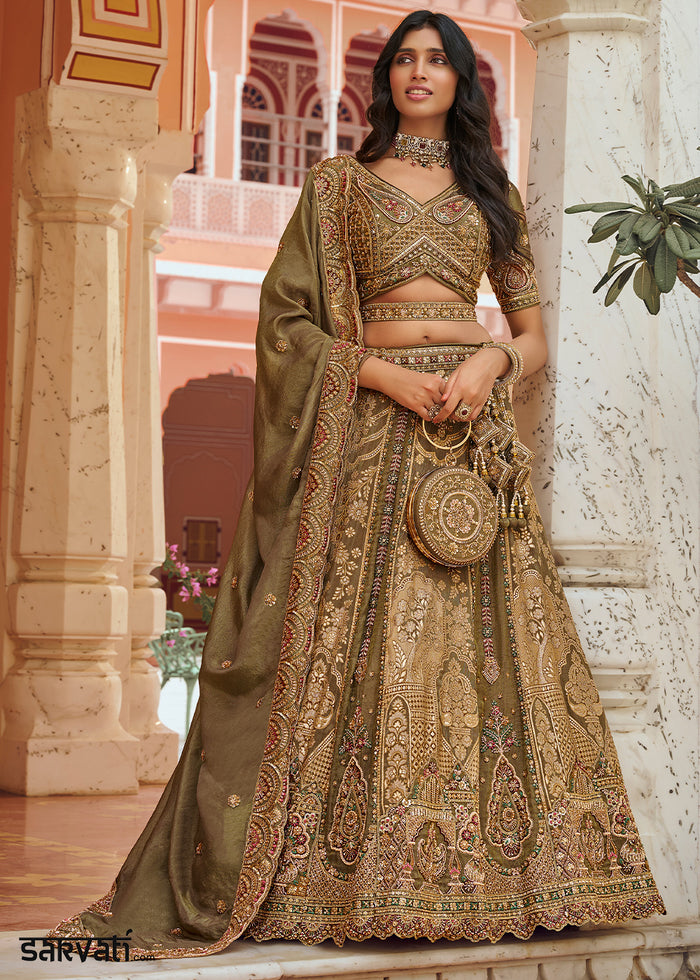Light Moss Green Banarasi Silk Lehenga Choli with Swarovski Embellished Khatli