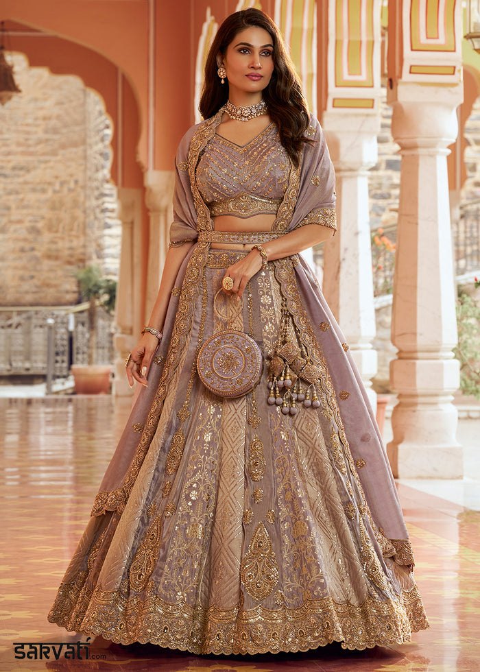 Light Purple Banarasi Silk Lehenga Choli with Swarovski Embellished Khatli