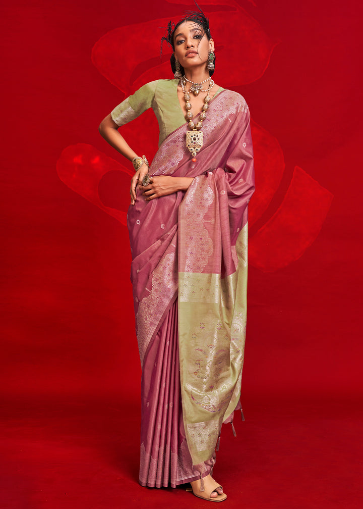 Luxury Crimson Purple Tussar Silk Saree with Handloom Weave & Ikkat Pallu