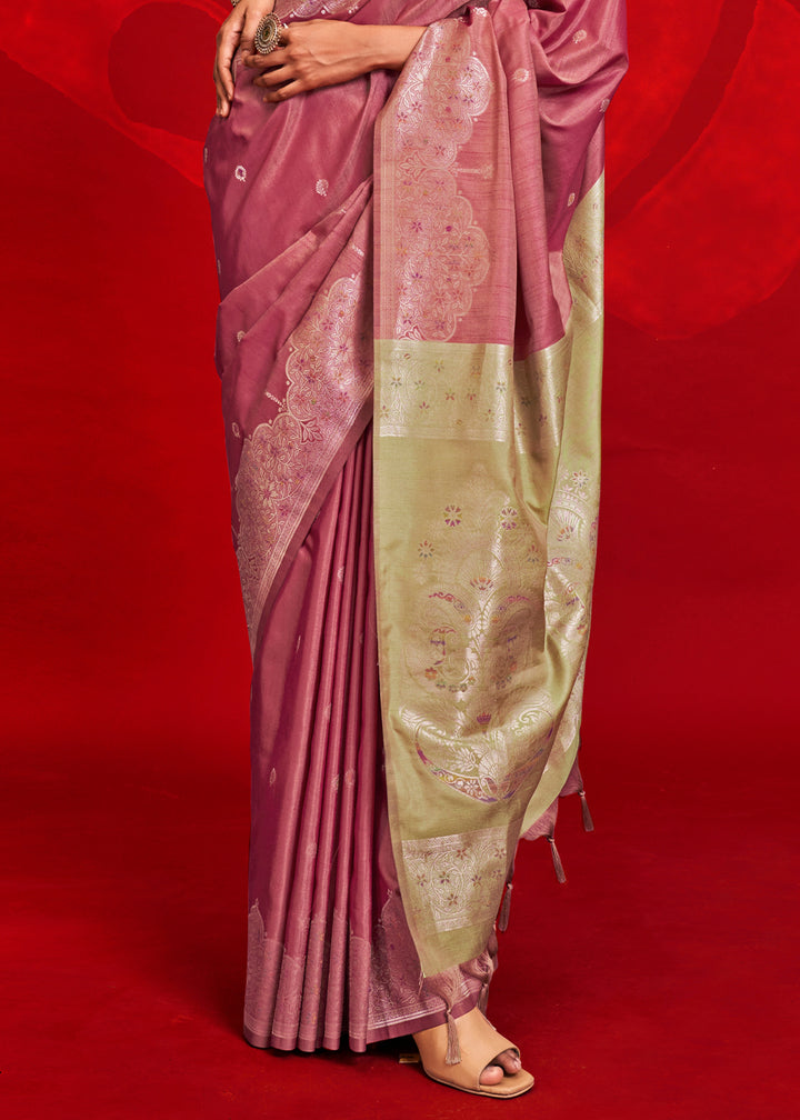 Luxury Crimson Purple Tussar Silk Saree with Handloom Weave & Ikkat Pallu
