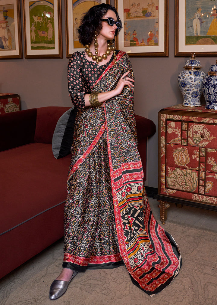 Midnight Black Satin Crepe Saree with Traditional Patola Print