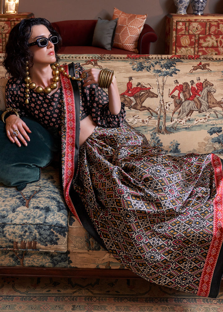 Midnight Black Satin Crepe Saree with Traditional Patola Print