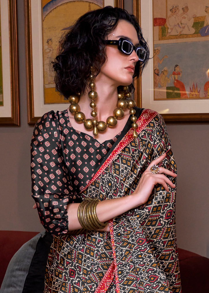 Midnight Black Satin Crepe Saree with Traditional Patola Print