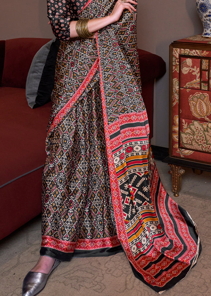 Midnight Black Satin Crepe Saree with Traditional Patola Print
