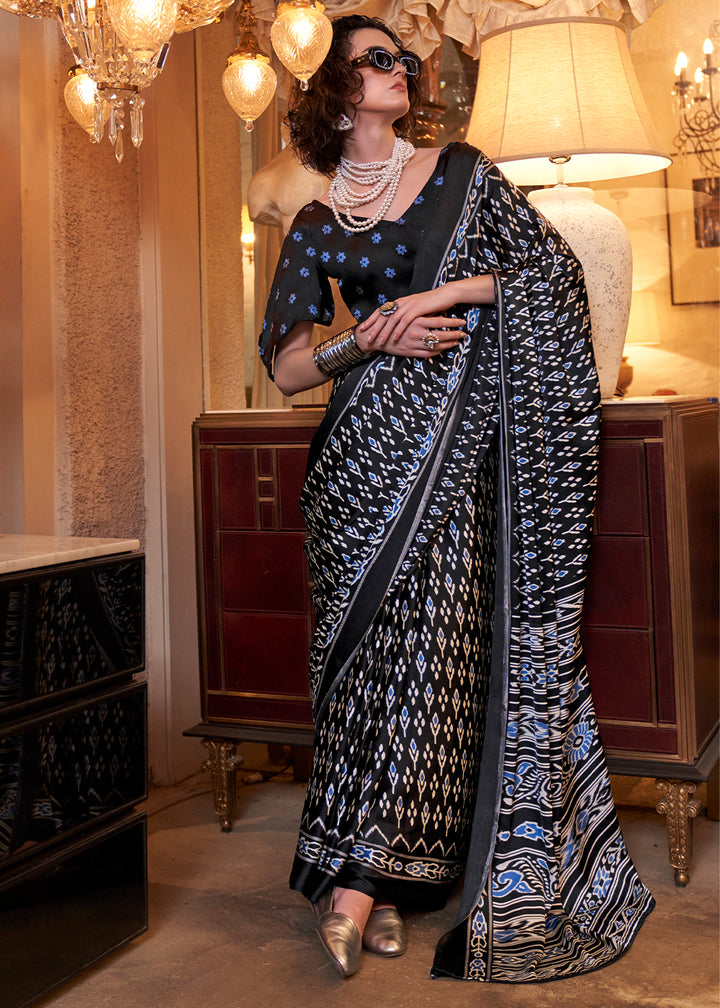 Onyx Black Satin Crepe Saree with Traditional Patola Print