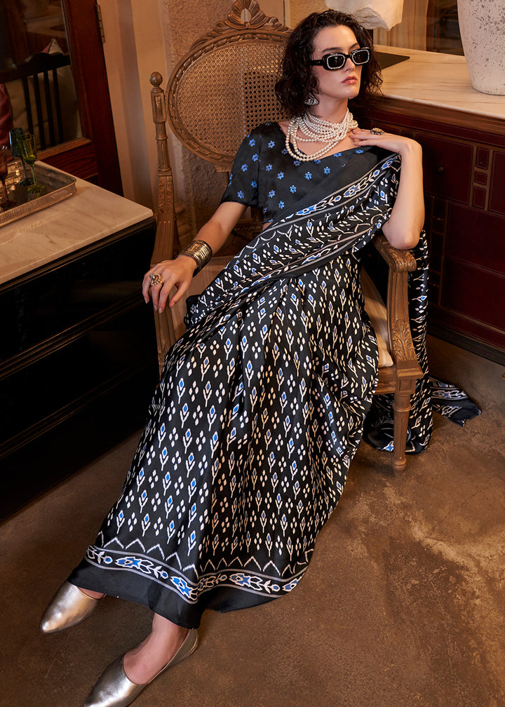 Onyx Black Satin Crepe Saree with Traditional Patola Print