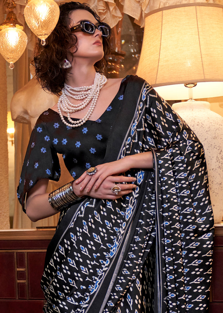 Onyx Black Satin Crepe Saree with Traditional Patola Print