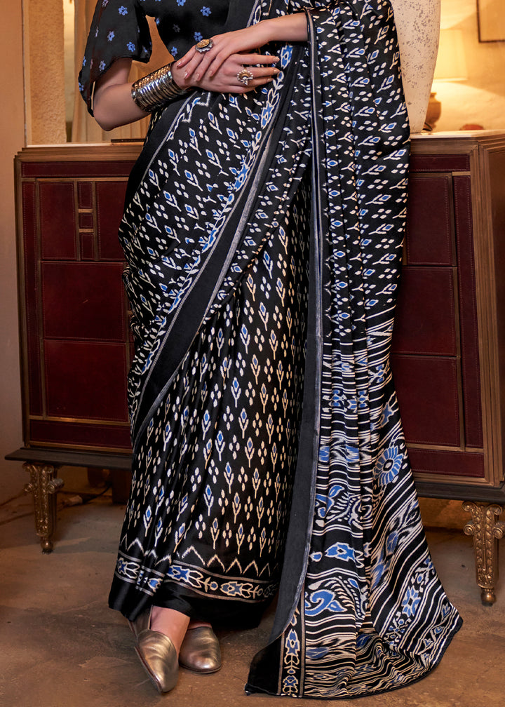 Onyx Black Satin Crepe Saree with Traditional Patola Print