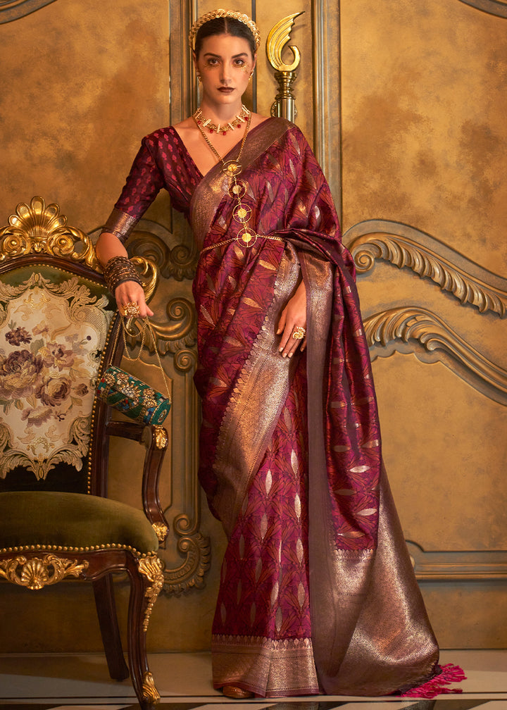 Garnet Red Handloom Satin Silk Saree Featuring Buttis All Over