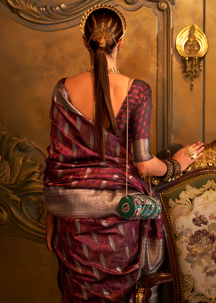 Garnet Red Handloom Satin Silk Saree Featuring Buttis All Over