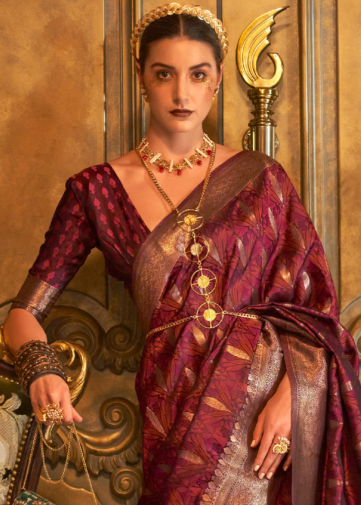Garnet Red Handloom Satin Silk Saree Featuring Buttis All Over