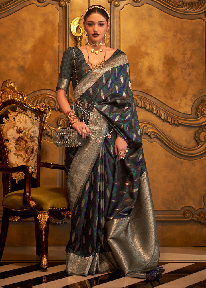 Greenish Blue Handloom Satin Silk Saree Featuring Buttis All Over