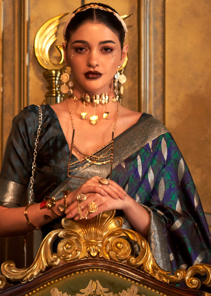 Greenish Blue Handloom Satin Silk Saree Featuring Buttis All Over