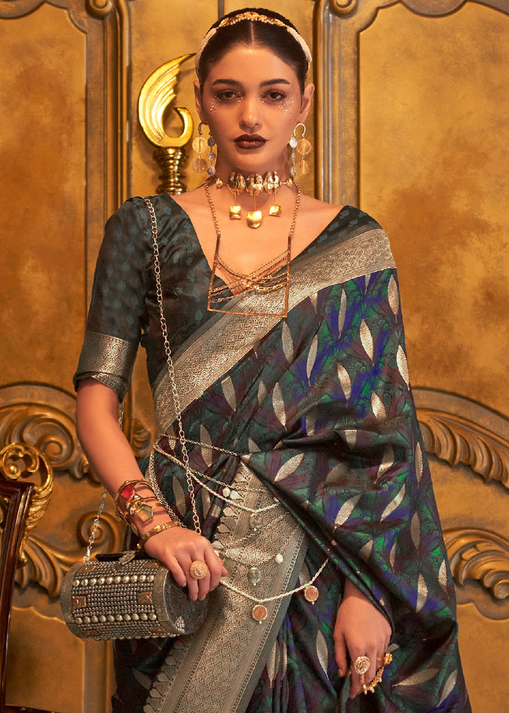 Greenish Blue Handloom Satin Silk Saree Featuring Buttis All Over