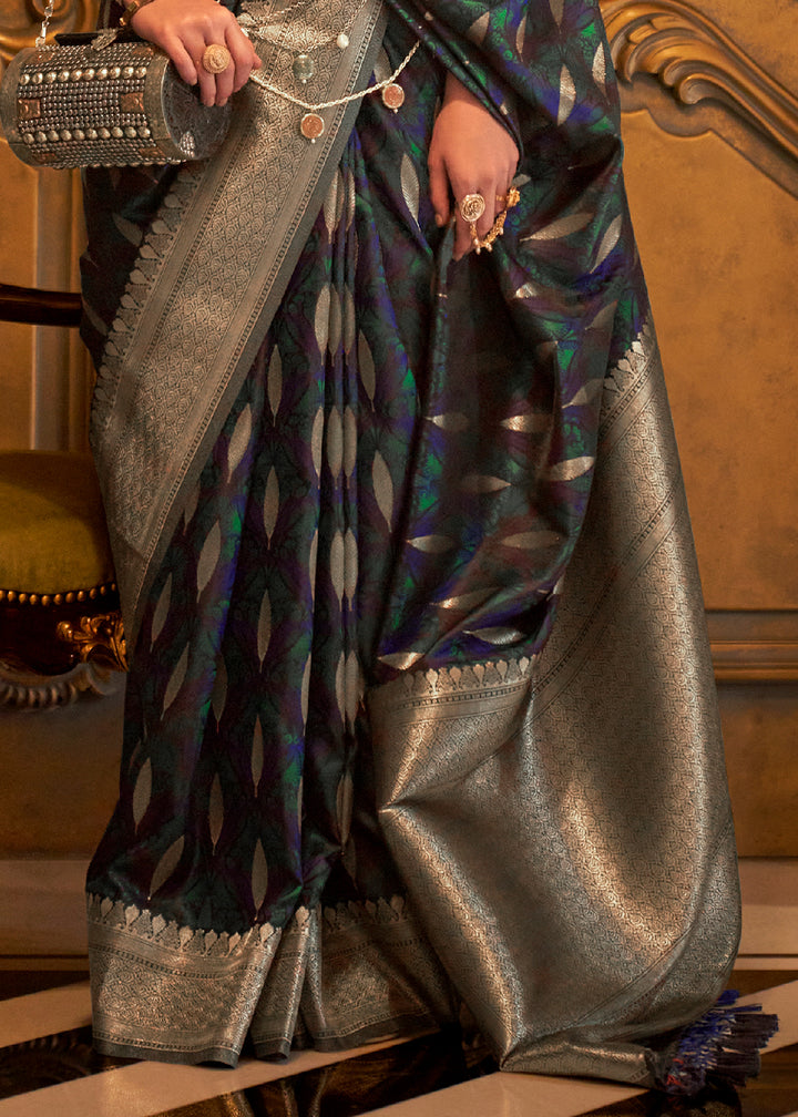 Greenish Blue Handloom Satin Silk Saree Featuring Buttis All Over