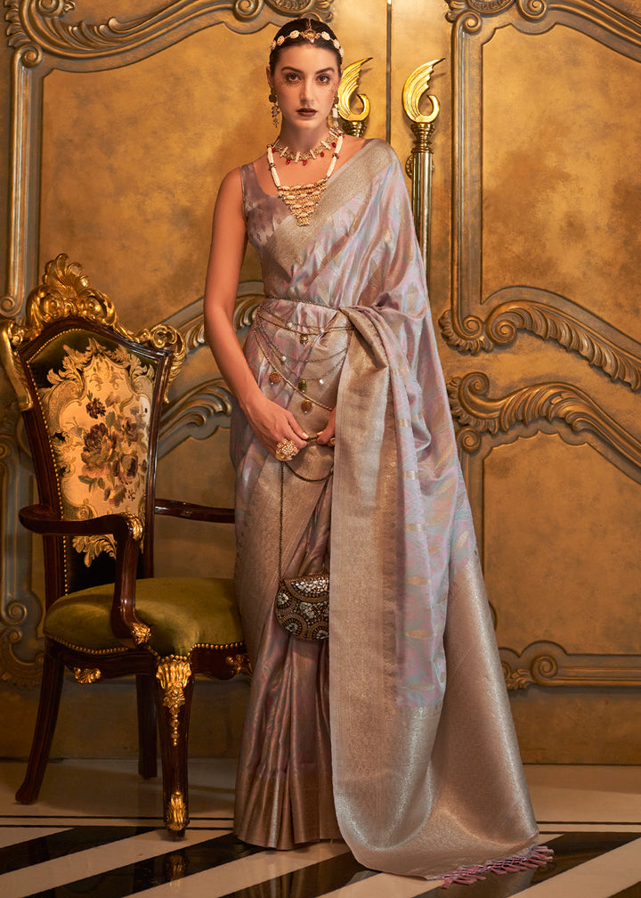 Heavenly Grey Handloom Satin Silk Saree Featuring Buttis All Over