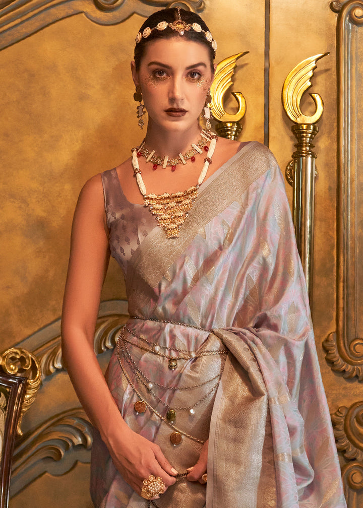 Heavenly Grey Handloom Satin Silk Saree Featuring Buttis All Over