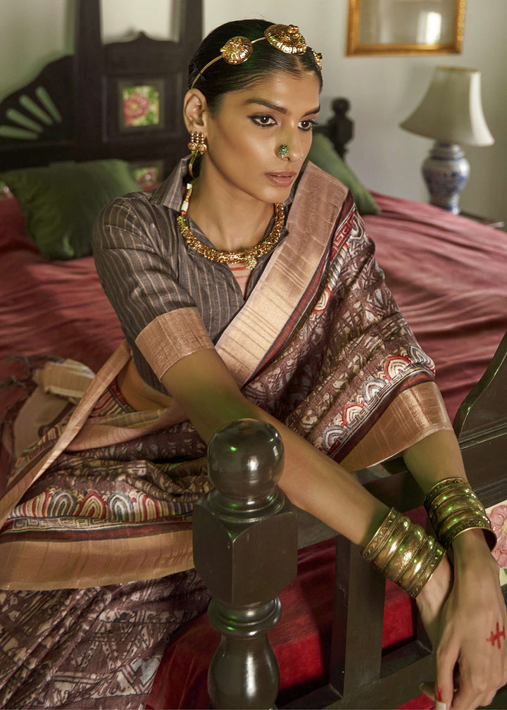 Dark Brown Designer Silk Saree