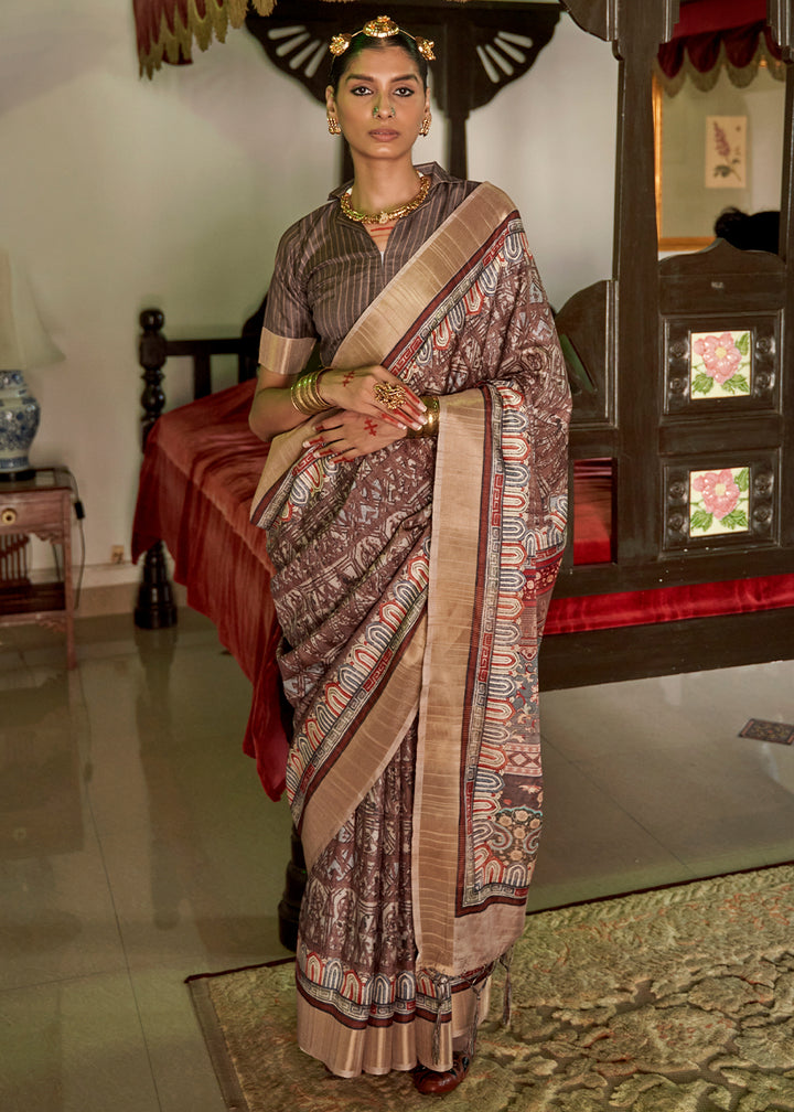 Dark Brown Designer Silk Saree