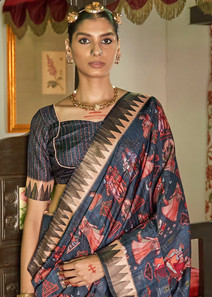 Denim Blue Designer Silk Saree