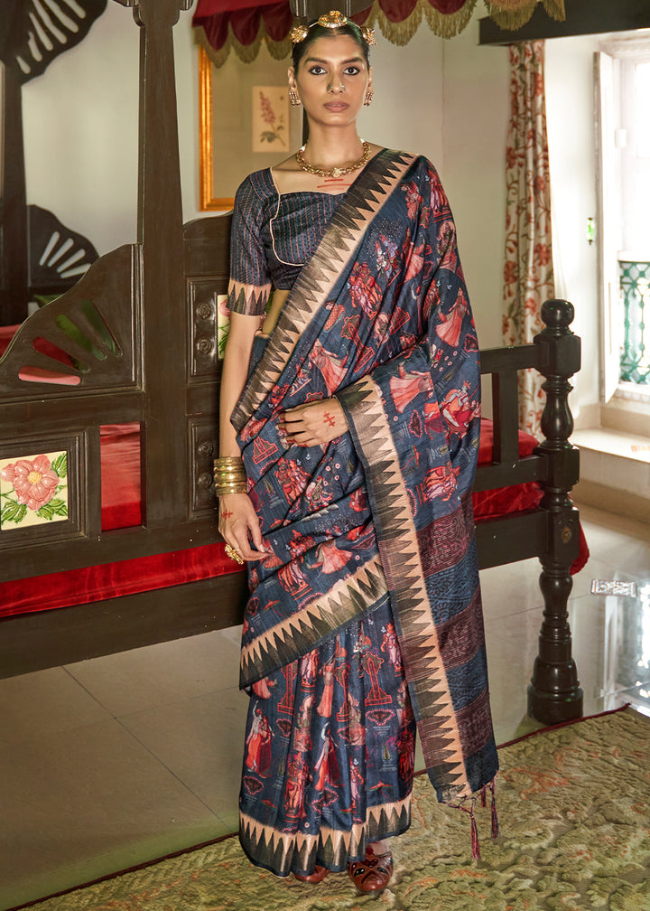 Denim Blue Designer Silk Saree