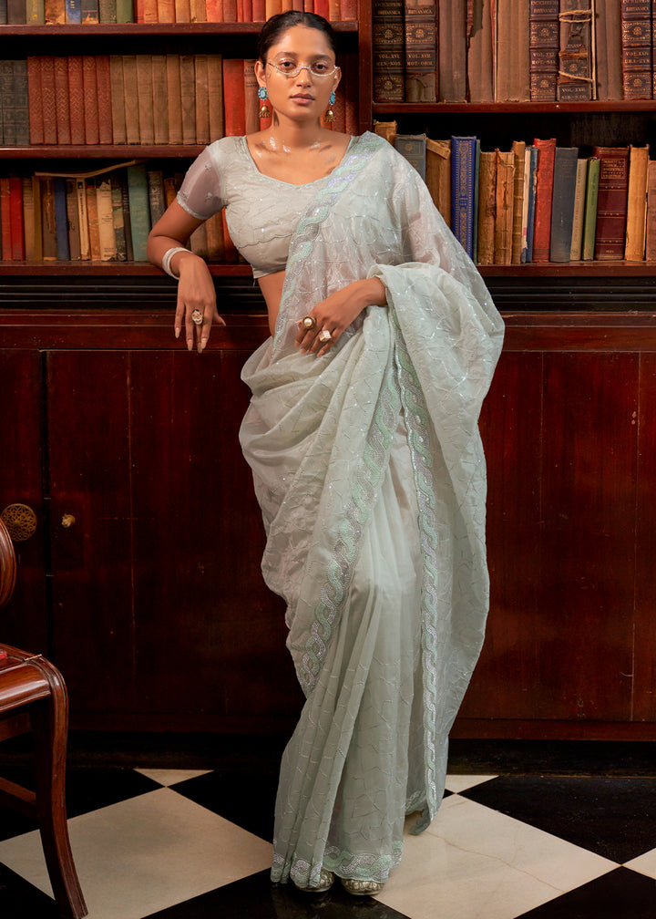Tea Green Tissue Organza Saree with Crystal Accents for a Luxe Look