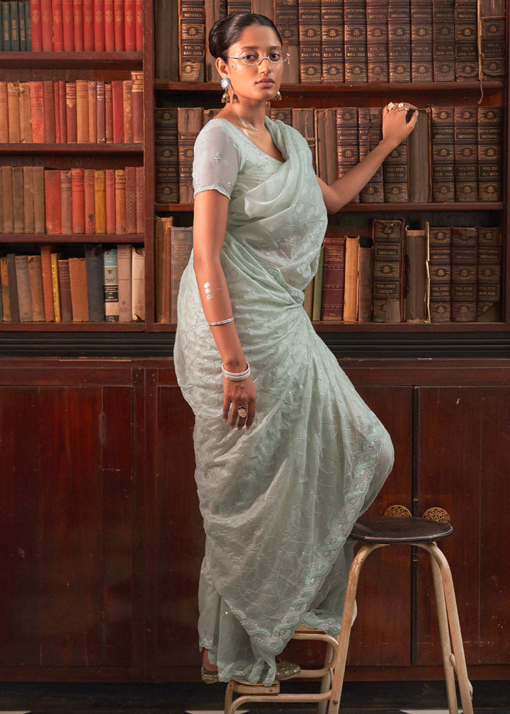 Tea Green Tissue Organza Saree with Crystal Accents for a Luxe Look