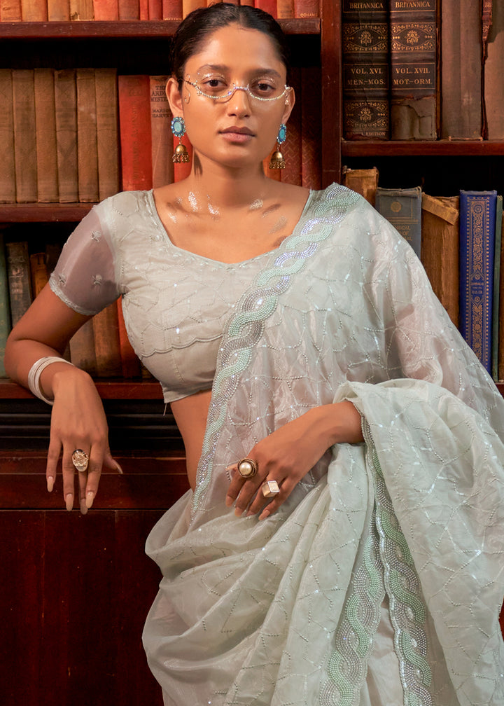 Tea Green Tissue Organza Saree with Crystal Accents for a Luxe Look