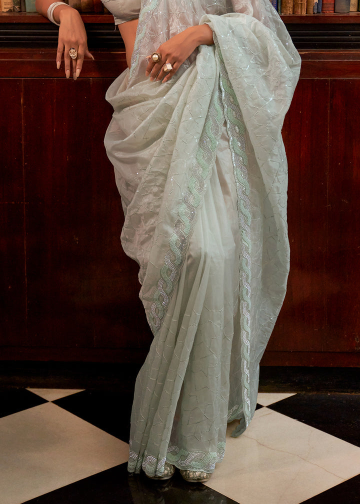 Tea Green Tissue Organza Saree with Crystal Accents for a Luxe Look
