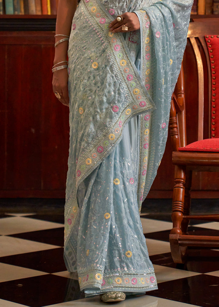 Baby Blue Tissue Organza Saree with Crystal Accents for a Luxe Look