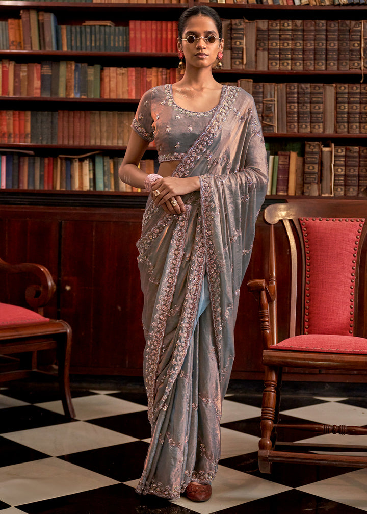 Fossil Grey Tissue Organza Saree with Crystal Accents for a Luxe Look