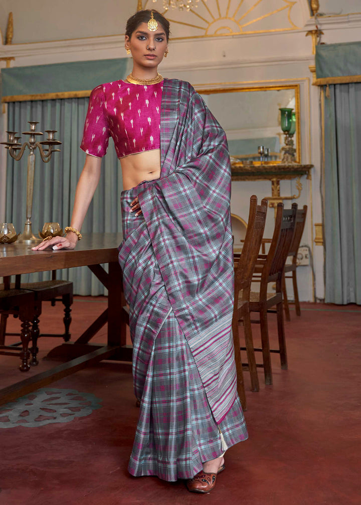 Flint Grey Silk Saree Featuring Zari Weave and Purple Printed Blouse
