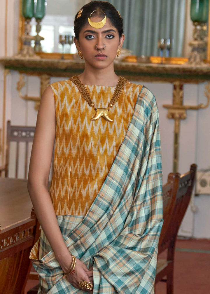 Shades Of Blue Silk Saree Featuring Zari Weave and Mustard Printed Blouse