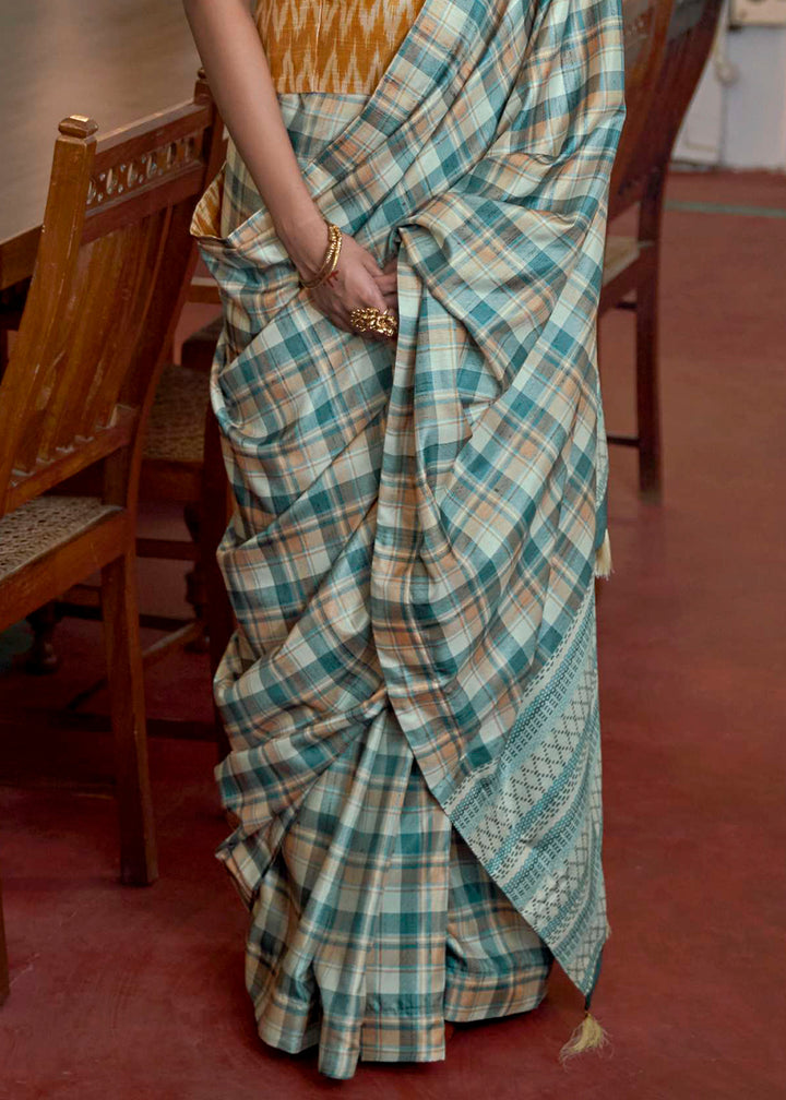 Shades Of Blue Silk Saree Featuring Zari Weave and Mustard Printed Blouse