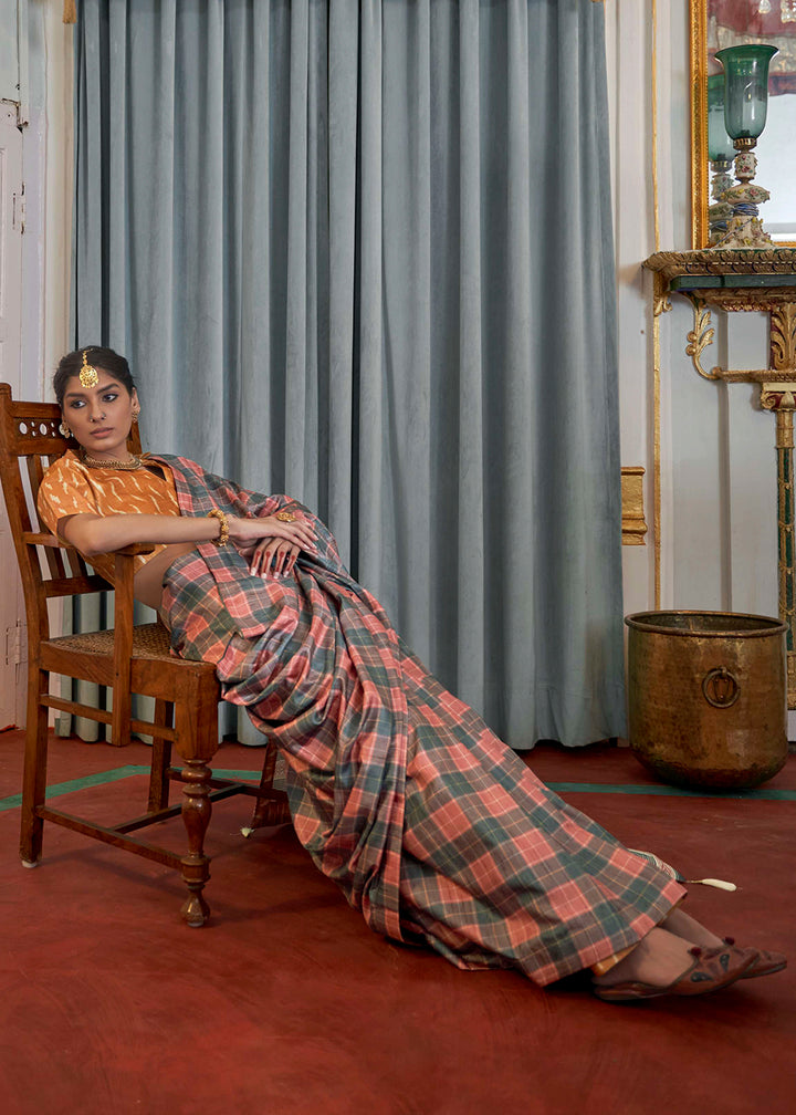 Pink & Grey Silk Saree Featuring Zari Weave and Orange Printed Blouse