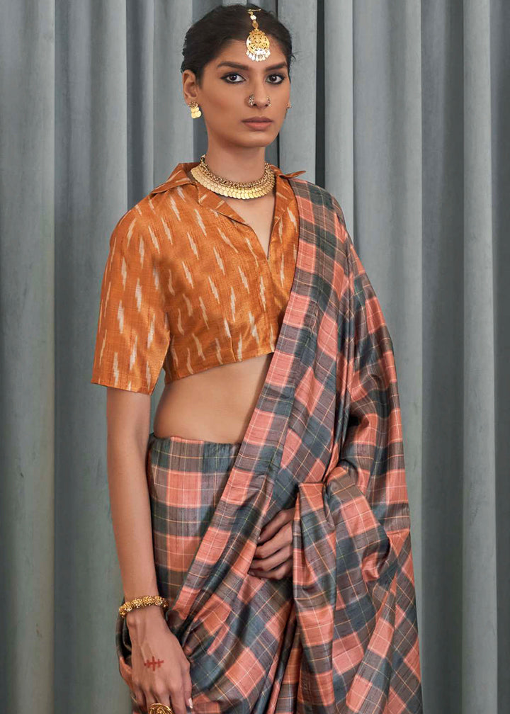 Pink & Grey Silk Saree Featuring Zari Weave and Orange Printed Blouse