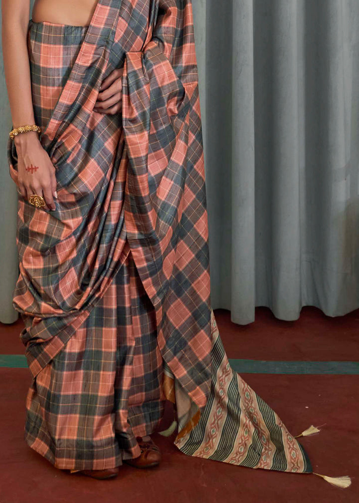 Pink & Grey Silk Saree Featuring Zari Weave and Orange Printed Blouse