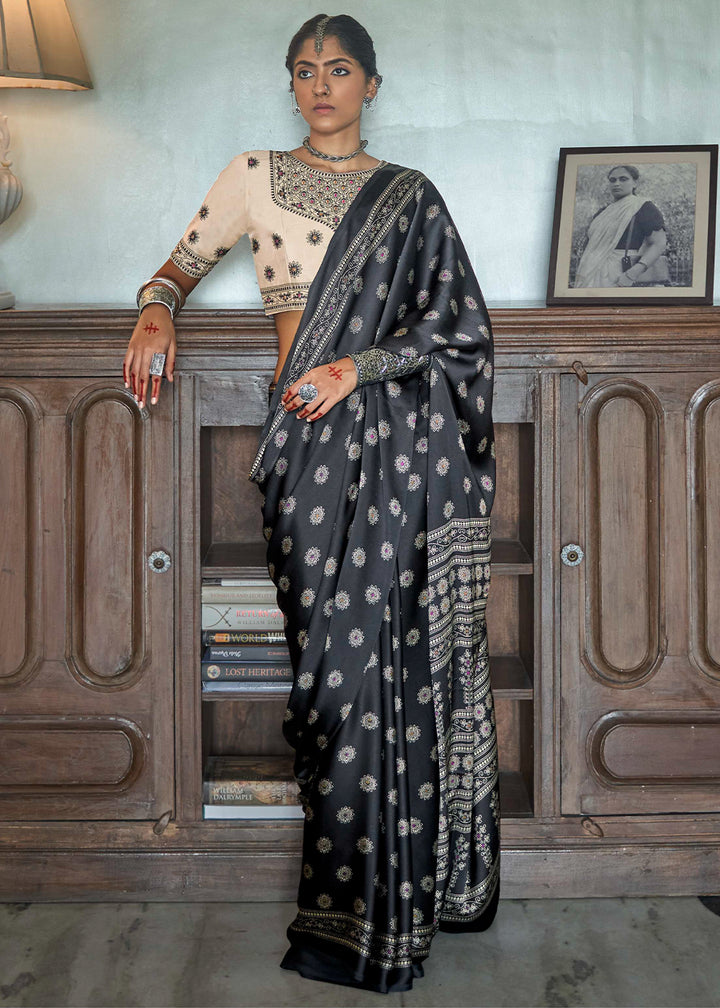 Jade Black Digital Printed Gajji Silk Saree Featuring Embroidered Blouse