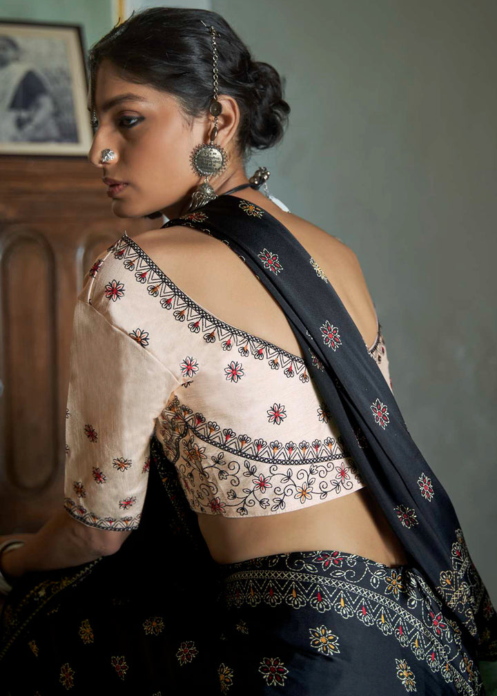 Pitch Black Digital Printed Gajji Silk Saree Featuring Embroidered Blouse