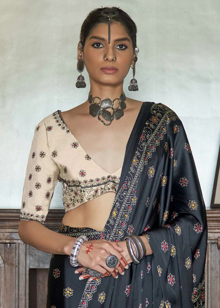 Pitch Black Digital Printed Gajji Silk Saree Featuring Embroidered Blouse